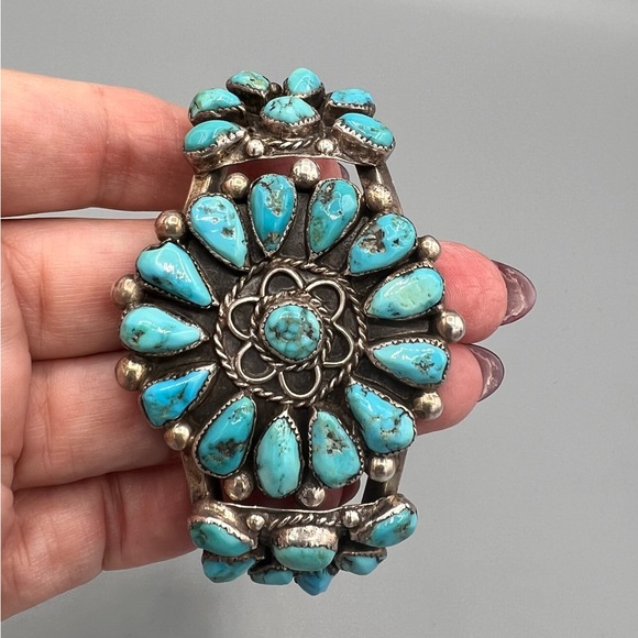😍 Vintage Navajo Turquoise and Silver Cluster Bracelet Cuff by Lee Charley. - Picture 3 of 10